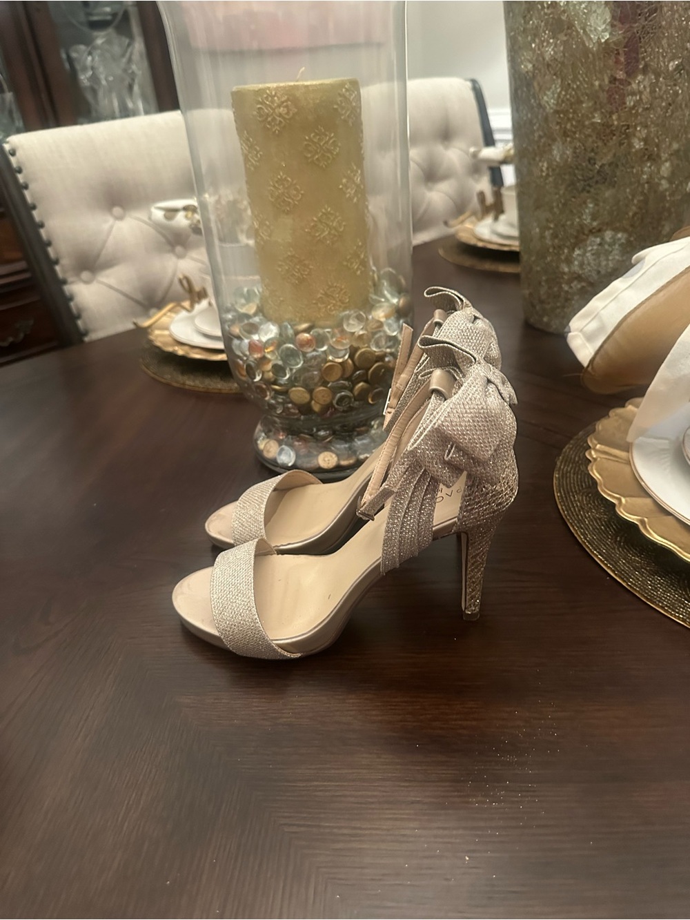 Slightly worn Size 8 Champagne Shimmer Women’s Open-Toe 3.5 High Heel Sandals